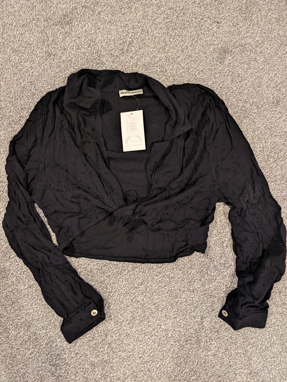 Dippin Daisys Crop Long Sleeve Tie Top Black Medium